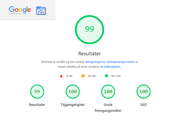 Resultater fra Google PageSpeed Insights - som evaluerer nettsidens ytelse og SEO
